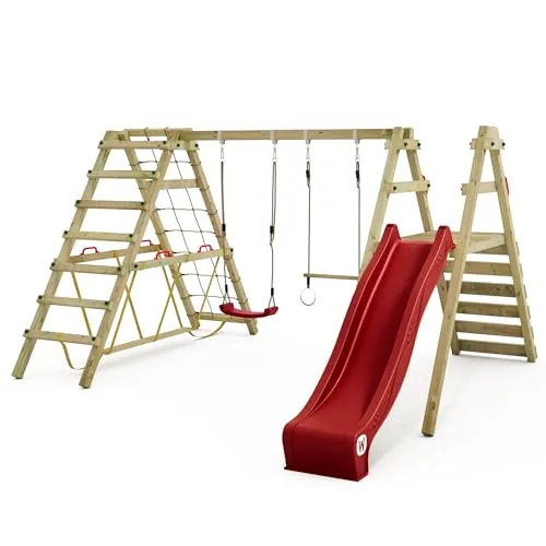 WICKEY Kinderschaukel Smart Shake mit Rutsche und Kletteranbau - Doppelschaukel für den Garten mit Rutsche und Kletteranbau. Stabiler Schaukelbalken aus hochwertigem Holz, ideal für unvergessliche Abenteuer im eigenen Garten. Designed in Germany mit 10 Jahren Garantie.