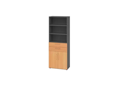 Hammerbacher Kombischrank Serie 9 Advanced, abschließbar, 2 Schubladen, 4 Drehtüren - Robuster Aktenschrank in Buche/Graphit mit 2 abschließbaren Drehtüren und 2 Schubladen. Ideal für die sichere Aufbewahrung von Dokumenten und Büromaterialien. Maße (B/H): 80 x 216 cm, aus hochwertiger E1-Qualitäts-Spanplatte.