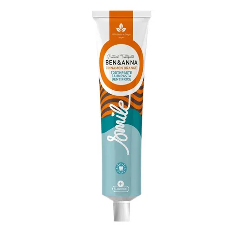 Ben & Anna Zahnpasta Tube Zimt Orange - Zahnpasta mit Fluorid in Aluminiumtube, fruchtige Orange und mildes Zimt-Aroma. Ideal für die ganze Familie, frei von schädlichen Zusatzstoffen und unterstützt Ocean Cleaning.