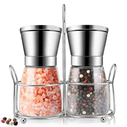 Salz und pfeffermühle 2er-Set mit Halterung und Manuell verstellbarem Keramikmahlwerk, Einstellbarem Mahlgradfür Pfeffer, Salz, Gewürze, Pepper Mills