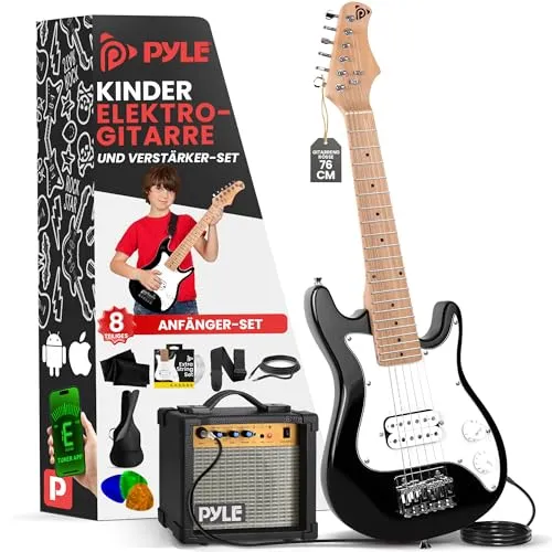 Pyle E-Gitarren Starter-Set für Kinder mit Verstärker, 76 cm Mini-Instrument mit 10W Amp & komplettem Zubehör, PEGKT30 Schwarz