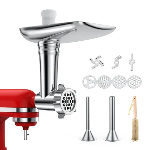 Fleischwolf Aufsatz für KitchenAid Standmixer - Vielseitiges Zubehör - Fleischwolf Zubehör für KitchenAid Standmixer mit 4 Mahlscheiben und 2 Wurstfüllhörnern. Ideal zum Zerkleinern von Fleisch und Herstellung hausgemachter Würste. Robuste, langlebige Materialien und einfache Reinigung.