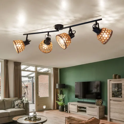 Deckenleuchte Bambusgeflecht mit verstellbaren Spots - Moderne Deckenleuchte im Bambusdesign, ideal für Esszimmer. 4x E27 Fassungen für individuelle Lichtgestaltung, Maße 80x13x19 cm.