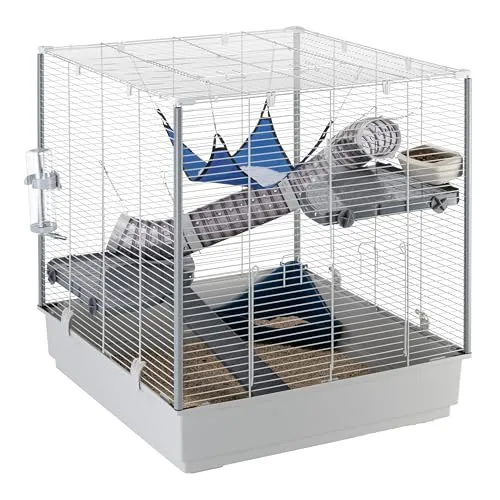 Ferplast Großes Frettchenheim FURET XL, DREI Ebenen mit Hängemattenzubehör und Röhren für Frettchen, grau lackiertes Metallgitter mit Ecksäulen und Kunststoffboden, 80 x 75 x H 86,5 cm