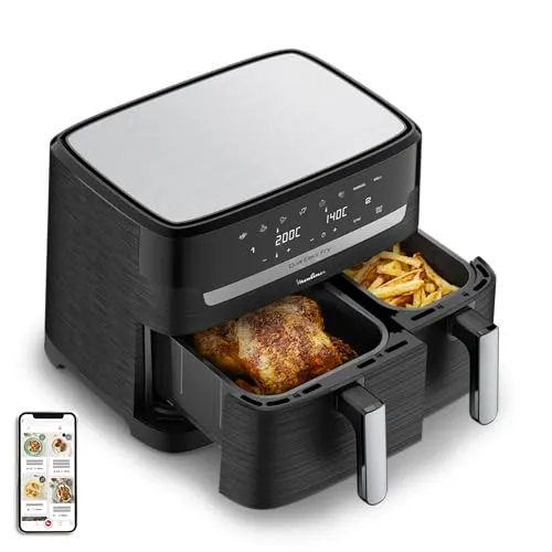 Moulinex Air Fryer mit zwei Fächern + Rezeptbuch mit 20 Rezepten, XXL-Kapazität 8,3 l, für bis zu 8 Personen, 7 automatische Programme, digitaler Touchscreen, Dual Essential Edelstahl, YY5545FB