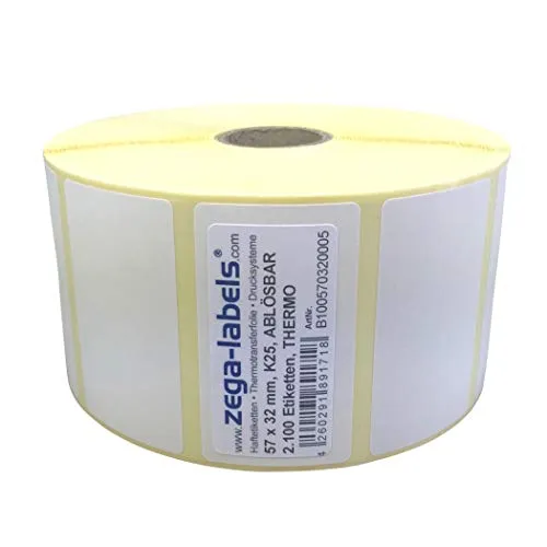zega-labels Thermo Etiketten auf Rolle - 57 x 32 mm - 2.100 Stück je Rolle - Kern: 25 mm - wieder ablösbar - Thermodirekt (Drucken ohne Farbband)
