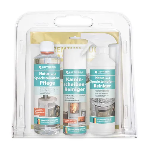 HOTREGA® Natur Specksteinofen Pflegeset - 4-teiliges Reinigungs- und Pflegeset für Natur- und Specksteinöfen. Entfernt mühelos hartnäckige Flecken und schützt Oberflächen, ideal für eine langanhaltende Schönheit Ihrer Öfen.