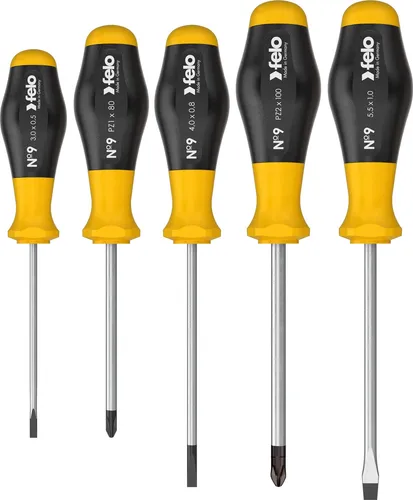 Felo Schraubendreher Satz 5-teilig No9 SL | PZ - Hochwertiges 5-teiliges Schraubendreher-Set aus Deutschland, ideal für präzise Arbeiten mit verschiedenen Klingenlängen von 80 bis 125 mm.