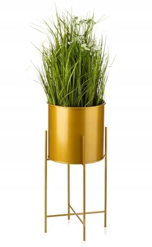 HowHomely Moderne Blumenständer Metall 55 cm Hoch mit Golden Blumentopf Rund 21 cm Ø auf Robuste Goldem Ständer - Pflanzenständer im Loft-Stil für die Innendekoration