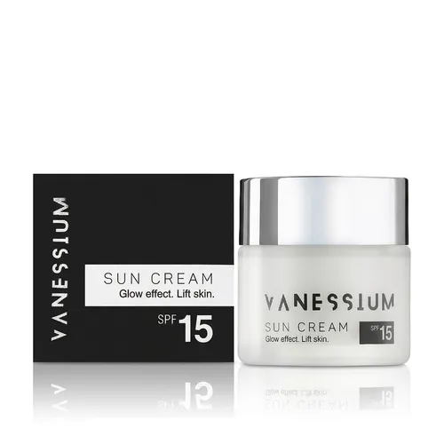 Vanessium Sonnenschutzcreme SUN CREAM SPF15+, 50ml - Sonnenpflege mit aufhellender und feuchtigkeitsspendender Wirkung, ideal für einen strahlenden Teint und zuverlässigen Schutz bei Sonneneinstrahlung.