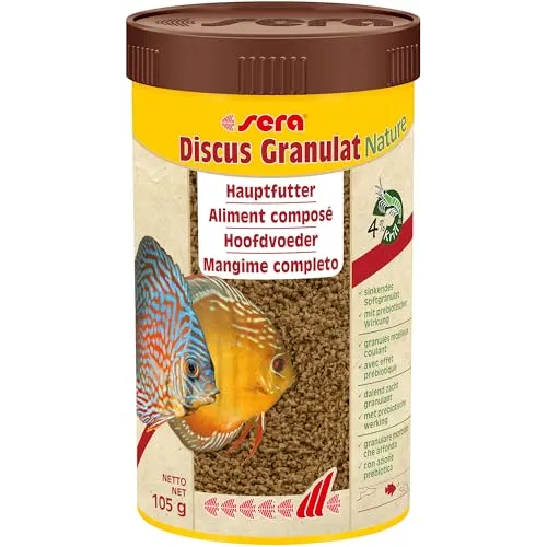 sera Discus Granules 250 ml (105 g) | langsam sinkendes Softgranulat für alle Diskus | ohne Farb- & Konservierungsstoffe | mit Knoblauch & prebiotischer Wirkung für Vitalität | Diskusfutter