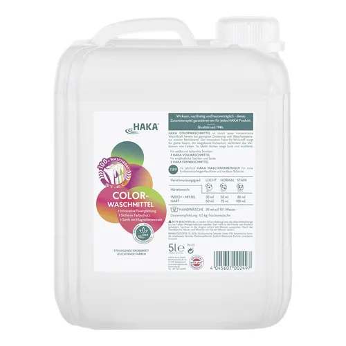 HAKA Waschmittel Color flüssig 5L - Waschmittel für Buntwäsche mit Magnolienextrakt, vegan und hautfreundlich. Der Faser-Fit-Effekt sorgt für schmutzabweisende Wäsche und ist ideal für 100 Waschgänge.