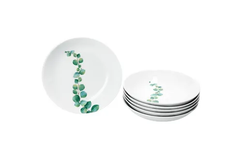 MamboCat Suppenteller 6x Eukalyptus - Weiße Porzellan Suppenteller für 6 Personen - Hochwertige Porzellan Suppenteller mit einem eleganten Eukalyptus-Design, ideal für festliche Anlässe und gemütliche Zusammenkünfte.