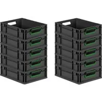 PROREGAL SparSet 10x Eurobox NextGen Color | 11L schwarz mit grünen Griffen - Aufbewahrungsbehälter ohne Deckel, robust, stapelbar und aus recyceltem Kunststoff für umweltfreundliche Lagerlösungen.