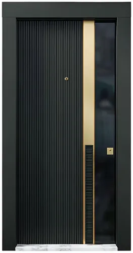 Schwarz-Goldene Haustür BAK-24 – Stilvolle Eingangstür für Ihr Zuhause - Moderne Kompletttür mit robustem, stahlverstärktem Kern und eleganter Satin-Oberfläche. Ideal für den täglichen Einsatz, inklusive Stoßgriff und 5 Schlüsseln.