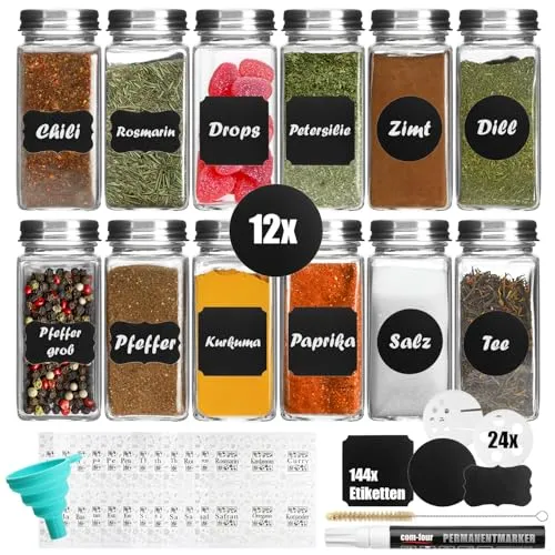 com-four® Gewürzgläser Set [ Eckig - 12x | 120ml ] mit Gewürzetiketten, je 2 Streueinsätze, Stift zum Beschriften der Etiketten | Silikon Trichter, Reinigungsbürste (12 Stück Gläser mit Zubehör)
