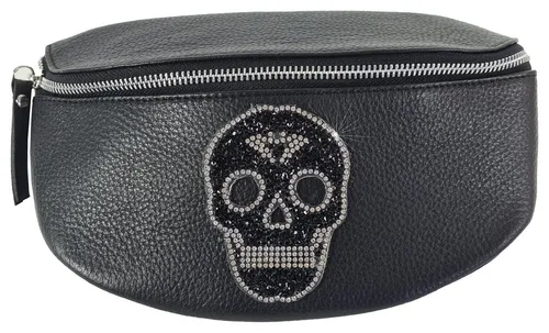 Einkaufszauber Gürteltasche aus Echtleder mit Kristall-Totenkopf - Stylische Gürteltasche aus hochwertigem Leder mit schwarzem Strass-Totenkopf. Praktisch und kompakt für den täglichen Gebrauch, ideal für unterwegs.
