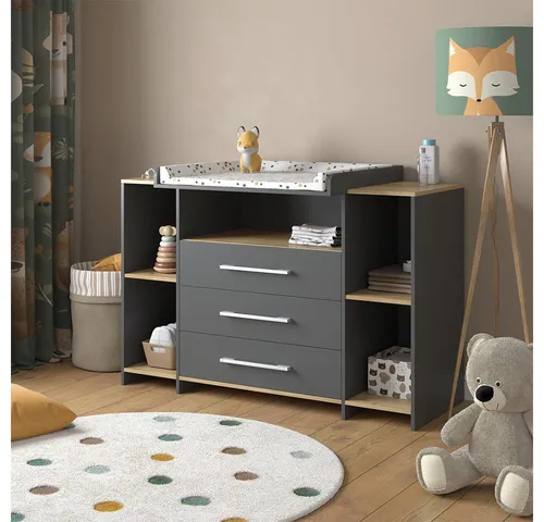 Vicco Wickelkommode Oskar, Anthrazit/Goldkraft Eiche - Wickelkommode für stilbewusste Eltern, mit praktischem Wickelaufsatz und großzügigem Stauraum für Babyutensilien. Hochwertige Verarbeitung für ein luxuriöses Kinderzimmer.