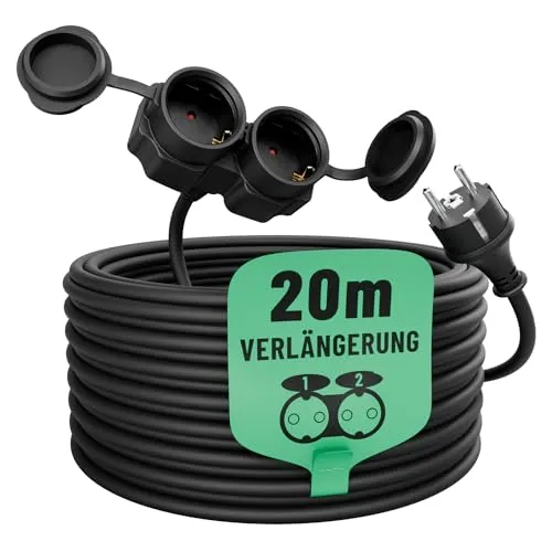 Greate 2fach Verlängerungskabel 20 Meter - Verlängerungskabel für außen, wasserdicht nach IP44 und ideal für Gartenbeleuchtung, Rasenmäher und Camping – robust, stoßfest und flexibel bei niedrigen Temperaturen.