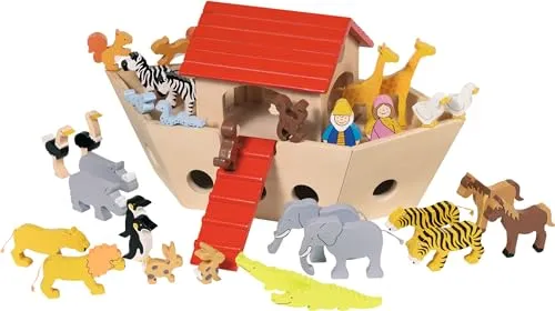goki 51846 - Arche Noah mit 30 Tieren - Tierfiguren für Kinder, hochwertiges Holzspielzeug mit abnehmbarem Dach für kreatives Spielen und Nachspielen der biblischen Geschichte.