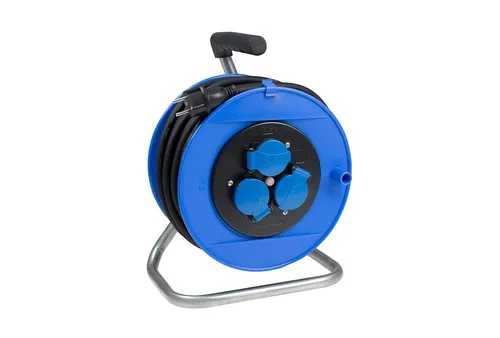 Sicherheits-Kabeltrommel 40m, blau - Kabeltrommel mit 40m Kabel, ideal für sichere Stromversorgung im Innen- und Außenbereich, Durchmesser 260mm.