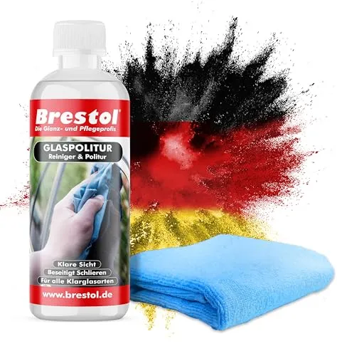 Brestol GlasPolitur 300 ml - Hochwirksame Politur für Fenster, Spiegel, Autoscheiben - Schonende Formel für kratzfreie Glasoberfläche, Lang anhaltender Glanz und Schutz + 1x Universaltuch