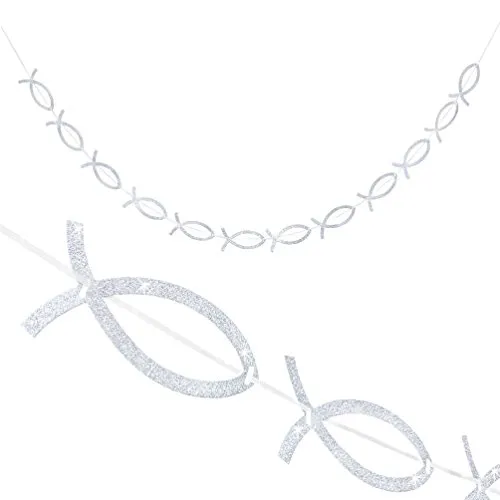 Oblique-Unique® Girlande Fisch Girlande Silber Glitzernd für Kommunion Taufe Dekoration Feier Hochzeit Dekoration
