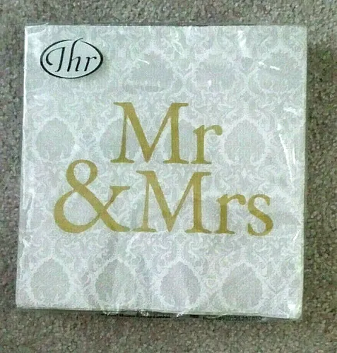 Servietten  Mr & Mrs  gold  hellgrauer Grundton  sehr schön 20 Stk 33x33 cm  Neu