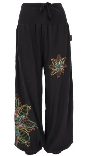 Guru-Shop Relaxhose Weite Pluderhose im Ethno Style - Bequeme Pluderhose mit breitem, elastischem Bund und farbenfrohen Blumenstickereien. Ideal für entspannte Tage und fair gehandelt in Nepal. Perfekt für Damen im Ganzjahreslook!