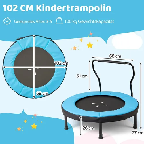 Kindertrampolin mit Griff, 102 cm, 100 kg Tragkraft, Blau