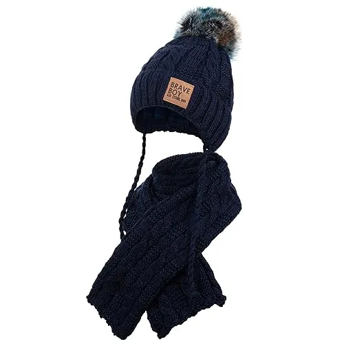 AJS Strickmütze Wintermütze Schal Junge Winterset Dunkelblau - Mütze, Schal & Handschuh-Set für Jungen, aus weicher Baumwolle für optimale Wärme und Komfort, perfekt für kalte Wintertage.