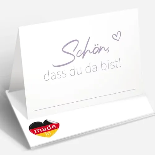 Tischkarten Hochzeit 85x55mm - Platzkarten Hochzeit - Tischkarten Geburtstag - Schön, DASS du da bist Namenskarten zum selber Beschriften mit Herz, Elegante Hochzeitsdeko Tischdeko Lila 50