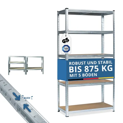 Grafner XXL Schwerlastregal - 875 kg Traglast - Lagerregal mit 5 stabilen Böden aus MDF, TÜV-zertifiziert, einfach ohne Werkzeug montierbar und flexibel einsetzbar - ideal für Garage, Keller oder Werkstatt.