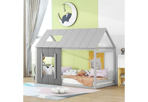 OKWISH Kinderbett aus Holz mit Dach & Fenster (90x200 cm, Grau) - Stylisches Kinder-Hausbett in moderner Optik, ideal für kreative Dekoration. Stabiler Rahmen und integrierter Lattenrost bieten eine zuverlässige Basis für eine angenehme Nachtruhe.