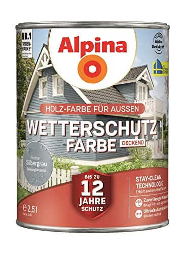 Alpina Wetterschutzfarbe 2,5 L silbergrau - Wetterfeste Farbe für außen, schützt Holz und Metall vor Witterungseinflüssen und sorgt für langlebige Farbbrillanz.