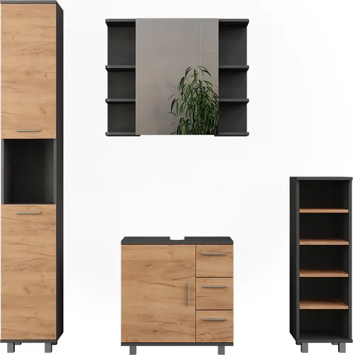 Vicco Badmöbel-Set Ilias, Anthrazit/Goldkraft Eiche, 4 Teile - Das elegante Badmöbel-Set Ilias aus Anthrazit und Goldkraft Eiche bietet optimalen Stauraum und stilvolles Design für Ihr Badezimmer. Genießen Sie eine moderne Atmosphäre mit einem praktischen Waschbeckenunterschrank und Spiegelschrank.