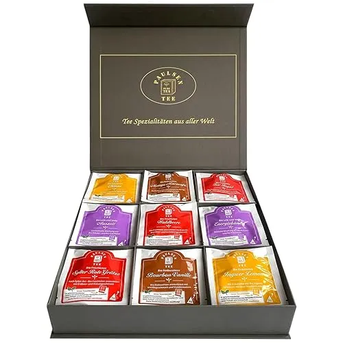 Exklusive Bio-Tee Geschenkbox mit Magnetverschluss mit Früchte-, Kräuter -,& Rotbuschtees 45 Pyramiden, einzeln kuvertiert