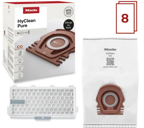 Miele Staubsaugerbeutel HyClean Pure CO XL-Pack (8 Stück) - Staubsaugerbeutel für Miele Guard M1, mit HyClose Technologie für staubfreies Wechseln und HEPA AirClean Filter für allergenfreie Luft. Praktisches XL-Pack für bis zu 2 Jahre Nutzung.
