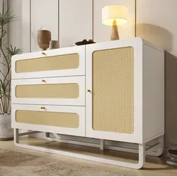 Kommode Aus Mdf In Weiß Mit Rattan, 3 Schubladen Und 1 Tür, Verstellbare Einlegeböden, 120 X 40 X 85 Cm