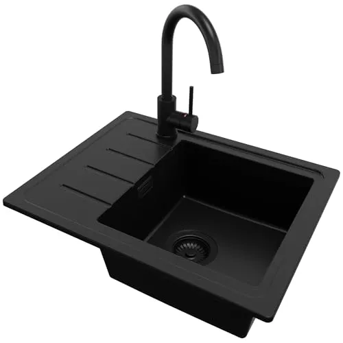 PRIMAGRAN Granitspüle Alles Schwarz 55x44cm - Kopenhagen Easy S010 - 1 Becken Spülbecken mit kratzfester Oberfläche, ideal für kleine Küchen und Unterschränke ab 45 cm. Inklusive Küchenarmatur und Ablauf-Set für maximalen Komfort.