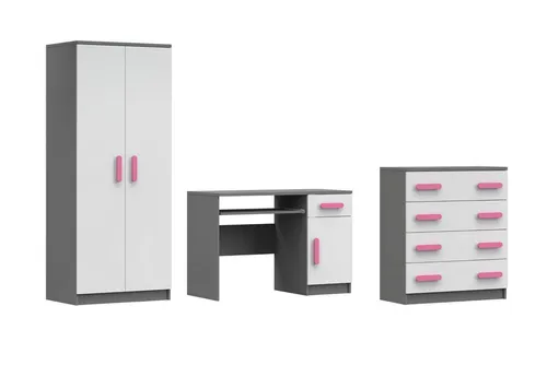 Deine Möbel 24 Jugendzimmer-Set INGE V in Weiß/Grau/Eiche Sonoma, 3-teilig - Praktisches 3-teiliges Möbelset für das Kinderzimmer: Kleiderschrank, Schreibtisch und Kommode in modernem Design. Bunte Holzgriffe setzen individuelle Akzente und bieten viel Stauraum für Kleidung und Schulmaterialien.