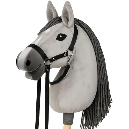 CELMAN Hobby Horse Steckenpferd Grau mit Zaumzeug & Leine – A3 Kopfgröße – Großer Reitspaß für Kinder – Realistisch & Weich – Holzstab