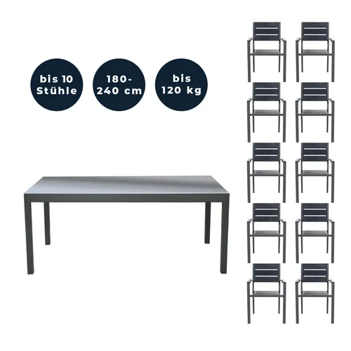 HOME DELUXE Sitzgruppe Garten SOL und MADERA mit 10 Stühlen - Gartenmöbel-Set mit ausziehbarem Tisch (180-240 cm) und 10 stapelbaren Stühlen, ideal für gesellige Runden im Freien. Wetterfest und rostfrei für langanhaltenden Genuss.