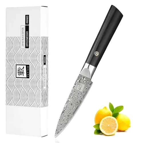 zayiko Black Edition Damastmesser - Scharfes Officemesser mit 9 cm Klinge - Kochmesser aus 67 Lagen Damaststahl mit ergonomischem Pakkaholzgriff für präzise Feinarbeiten. Ideal für Fleisch, Fisch und Gemüse, perfekt als Geschenk in edler Box.