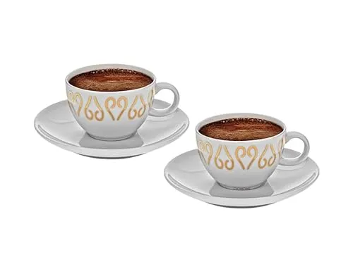 Arzum Okka Porzellan Türkisch/Griechisch oder Arabisch Kaffeetassen und Untertasse, weiß, 2 Stück