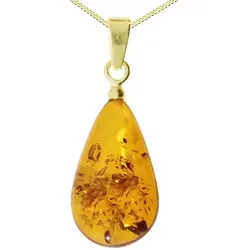 OSTSEE-SCHMUCK Kette mit Anhänger Tropfen flach - Halskette mit elegantem Bernsteinanhänger (ca. 17 mm) und vergoldeter Silberschlaufe, erhältlich in verschiedenen Längen – ein stilvoller Blickfang für jede Frau.