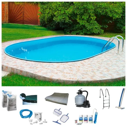 my POOL BWT Ovalpool PREMIUM Komplett-Set, 10-tlg., 135 cm hoch - Ovales Stahlwandbecken mit hochwertiger Ausstattung, inkl. Sandfilteranlage und Poolzubehör. Ideal für entspannende Sommertage im eigenen Garten.