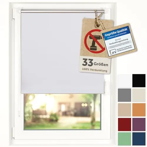 Blumtal Verdunkelungsrollo ohne Bohren 95x210cm - Thermorollo/Verdunklungsrollo 100% Verdunkelung - Klemmrollos für Fenster ohne Bohren - 4-lagiges Rollo UV-beständig - Seitenzugrollo Weiß