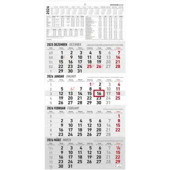 Zettler 4-Monatskalender 2026 – Wandkalender 30 × 63 cm mit Datumsschieber, 4 Monate pro Blatt, Monatsübersicht Dez. 2025–Jan. 2027, 4-sprachig DE/FR/IT/GB, Feiertage & Ferien, FSC-zertifiziert