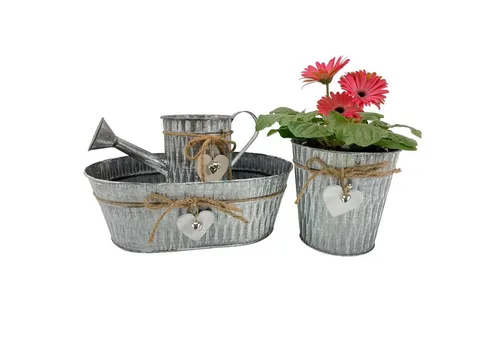 Online-Fuchs Blumentopf 3er Set mit Herz & Anhänger, Übertopf Blumenkasten Kräuter P75, Metall Optik Gießkann, oval und rund